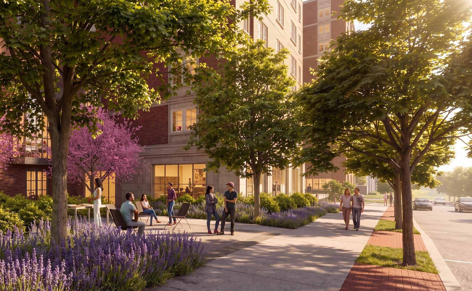 Students and residents enjoy a sunny day in Maslow's campus community with trees and flowers.