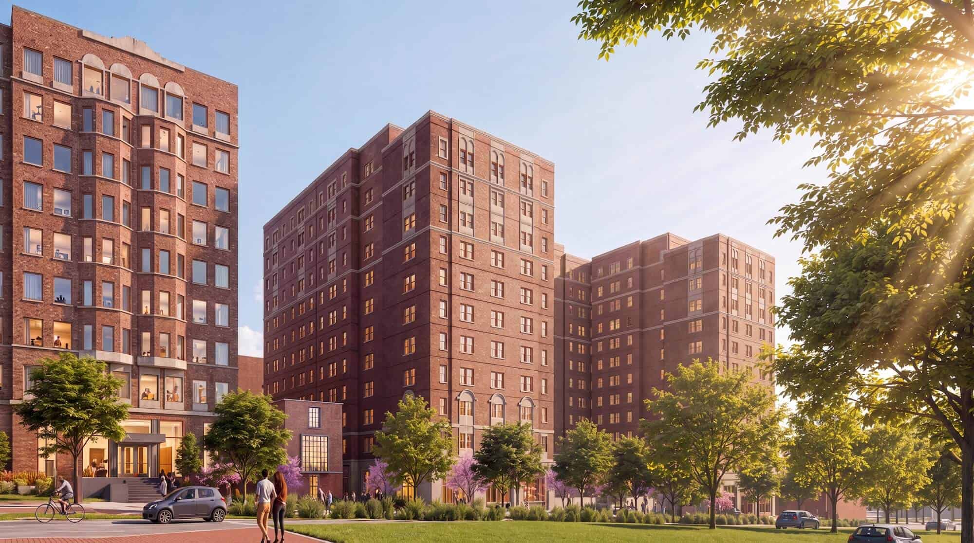 Modern residential buildings at Johns Hopkins University campus with trees and sunlight.