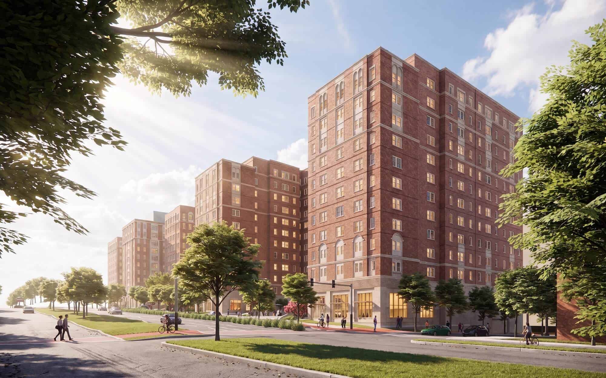 Modern residential campus buildings at Johns Hopkins University with green spaces.