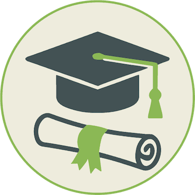 Graduation cap and diploma icon representing education and community.